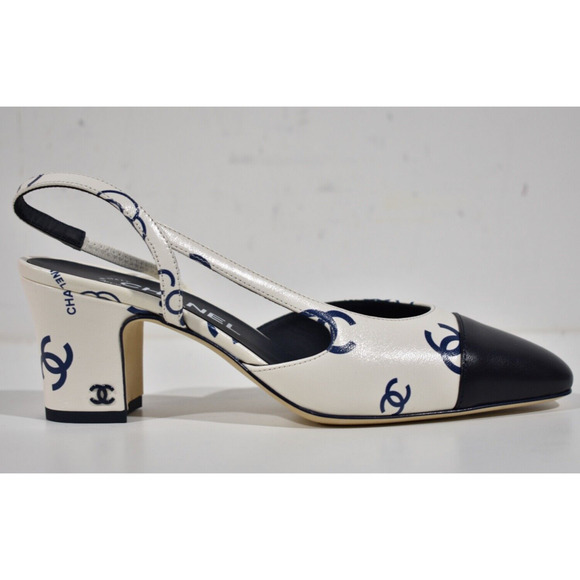 Chanel 23P Mademoiselle Coco Sling White Blue CC Logo Slingback Sandal Heel 37 - Picture 1 of 10